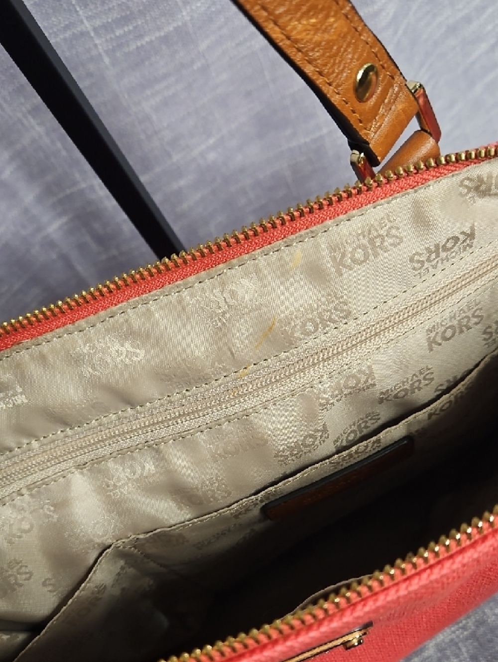 Michael Kors Coral Canvas Tote with Tan Leather Trim and MK Charm - Picture 13 of 15